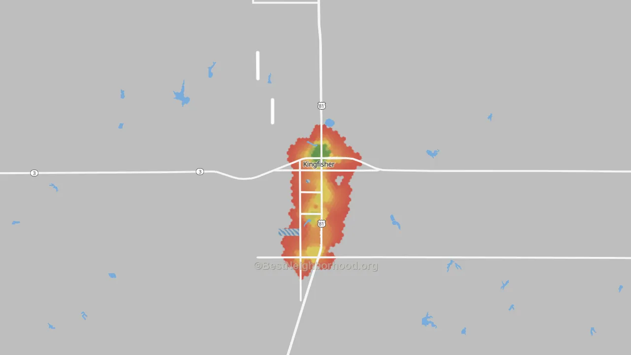 Walk Grade map of Kingfisher, OK, walkable areas in green and car-dependent areas in red