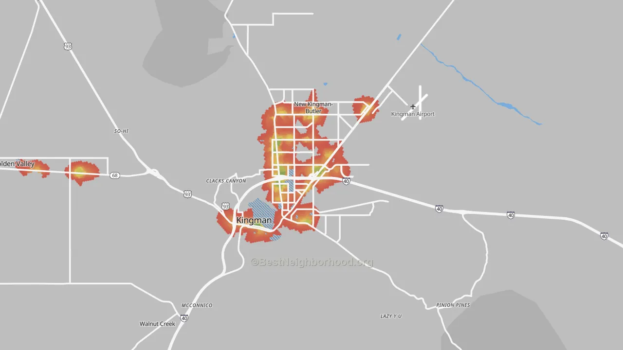 Walk Grade map of Kingman, AZ, walkable areas in green and car-dependent areas in red