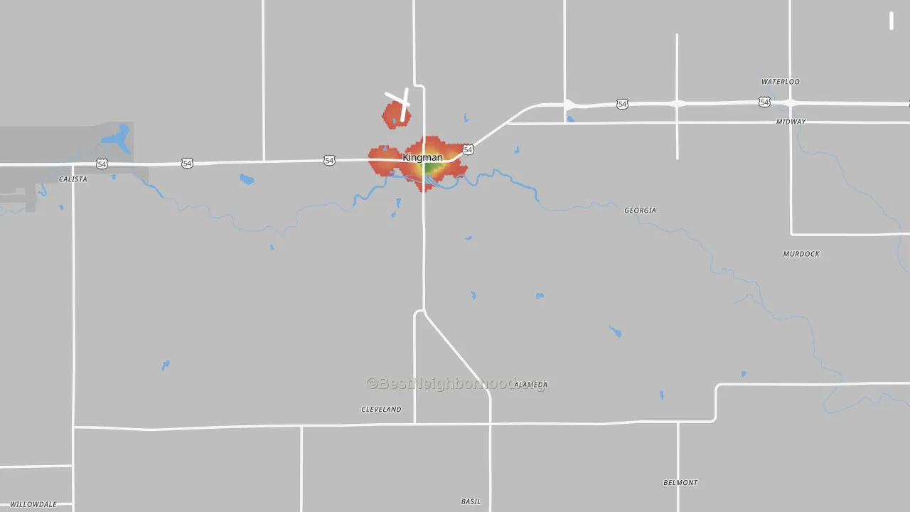 Walk Grade map of Kingman County, KS, walkable areas in green and car-dependent areas in red