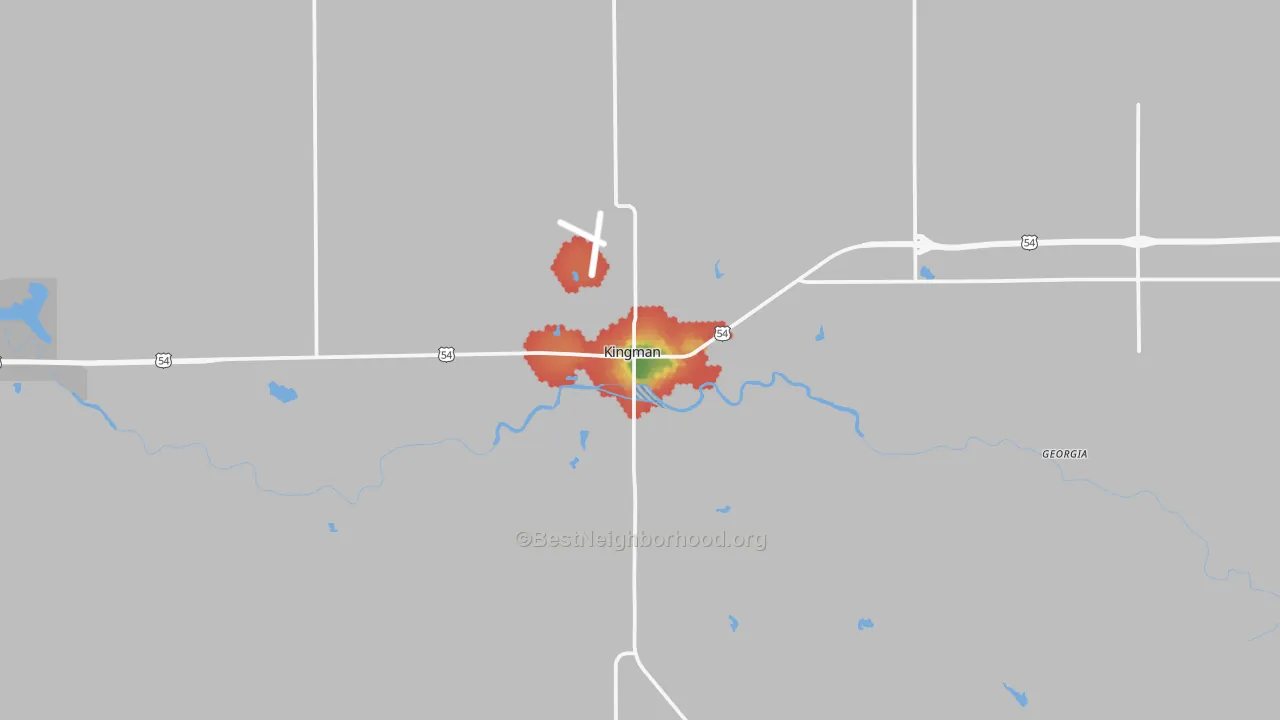 Walk Grade map of Kingman, KS, walkable areas in green and car-dependent areas in red
