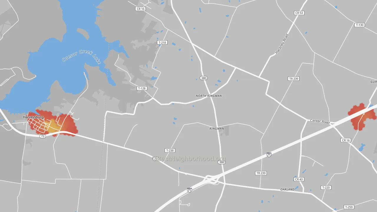 Walk Grade map of Kingman, OH, walkable areas in green and car-dependent areas in red