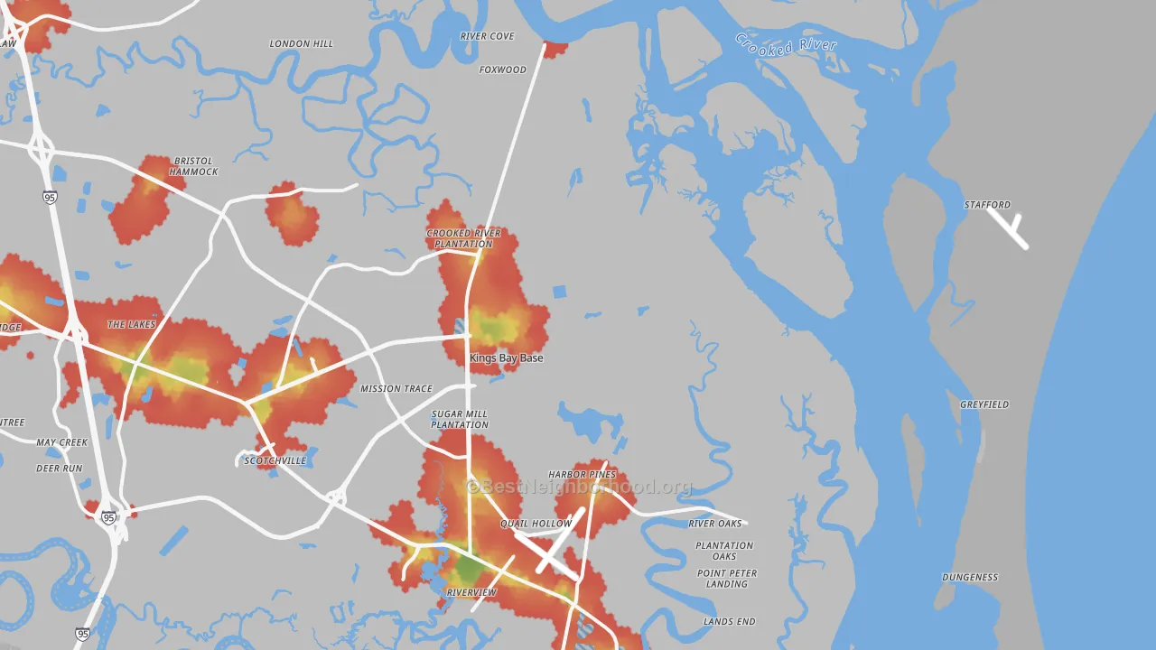Walk Grade map of Kings Bay, GA, walkable areas in green and car-dependent areas in red
