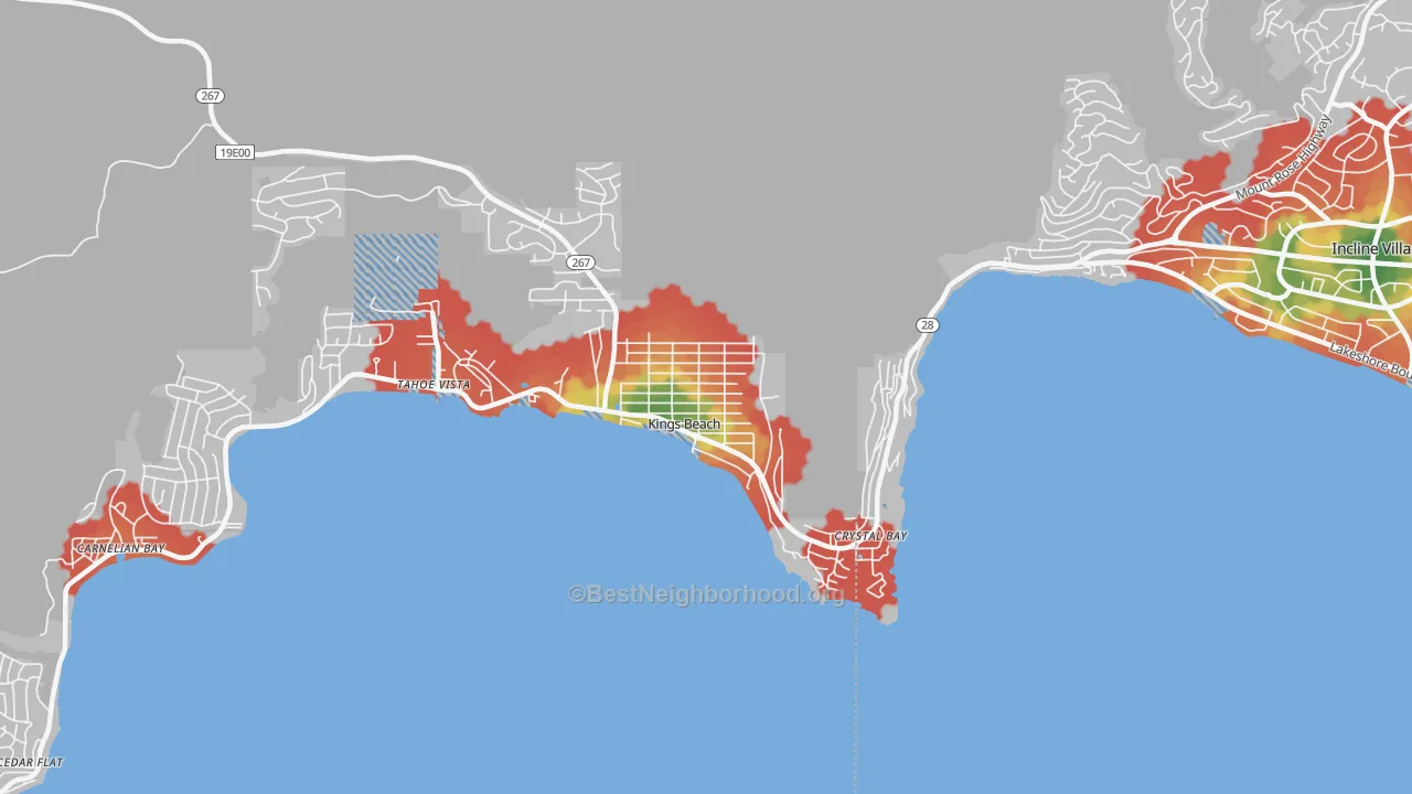 Walk Grade map of Kings Beach, CA, walkable areas in green and car-dependent areas in red