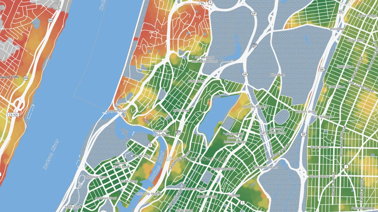 Walk Grade map of Kings Bridge, Bronx, NY, walkable areas in green and car-dependent areas in red