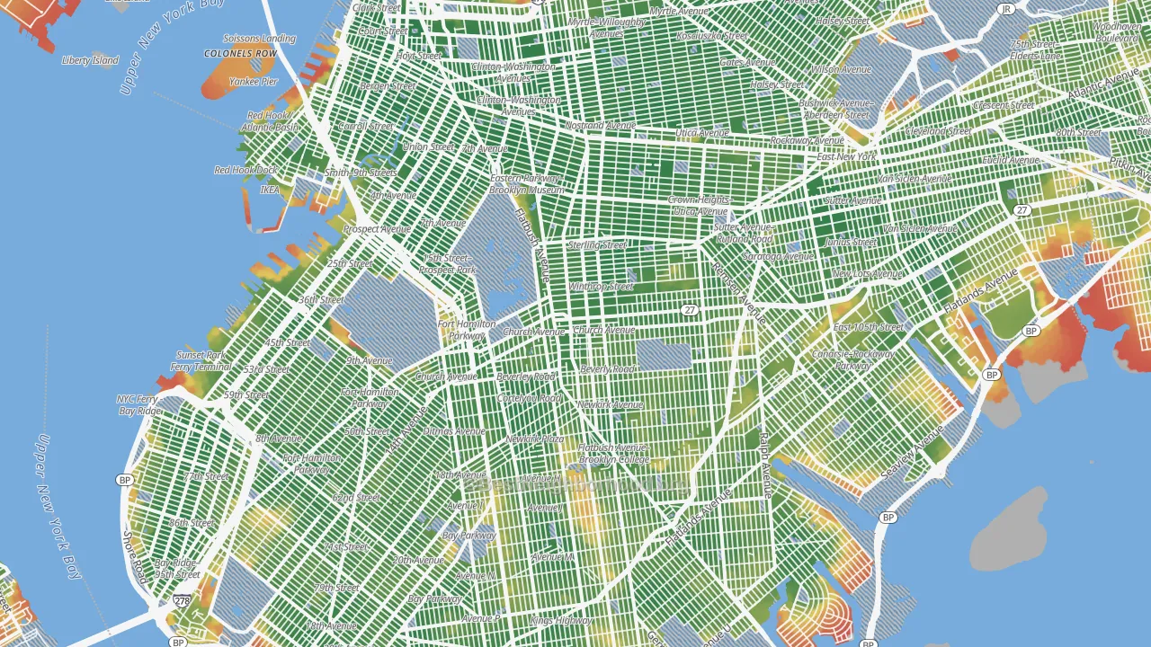 Walk Grade map of Kings County, NY, walkable areas in green and car-dependent areas in red