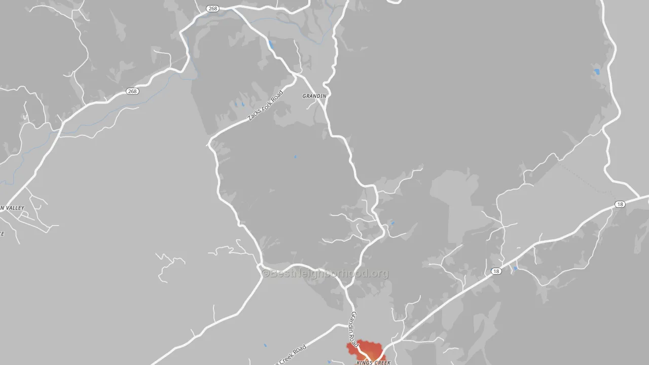Walk Grade map of Kings Creek, NC, walkable areas in green and car-dependent areas in red