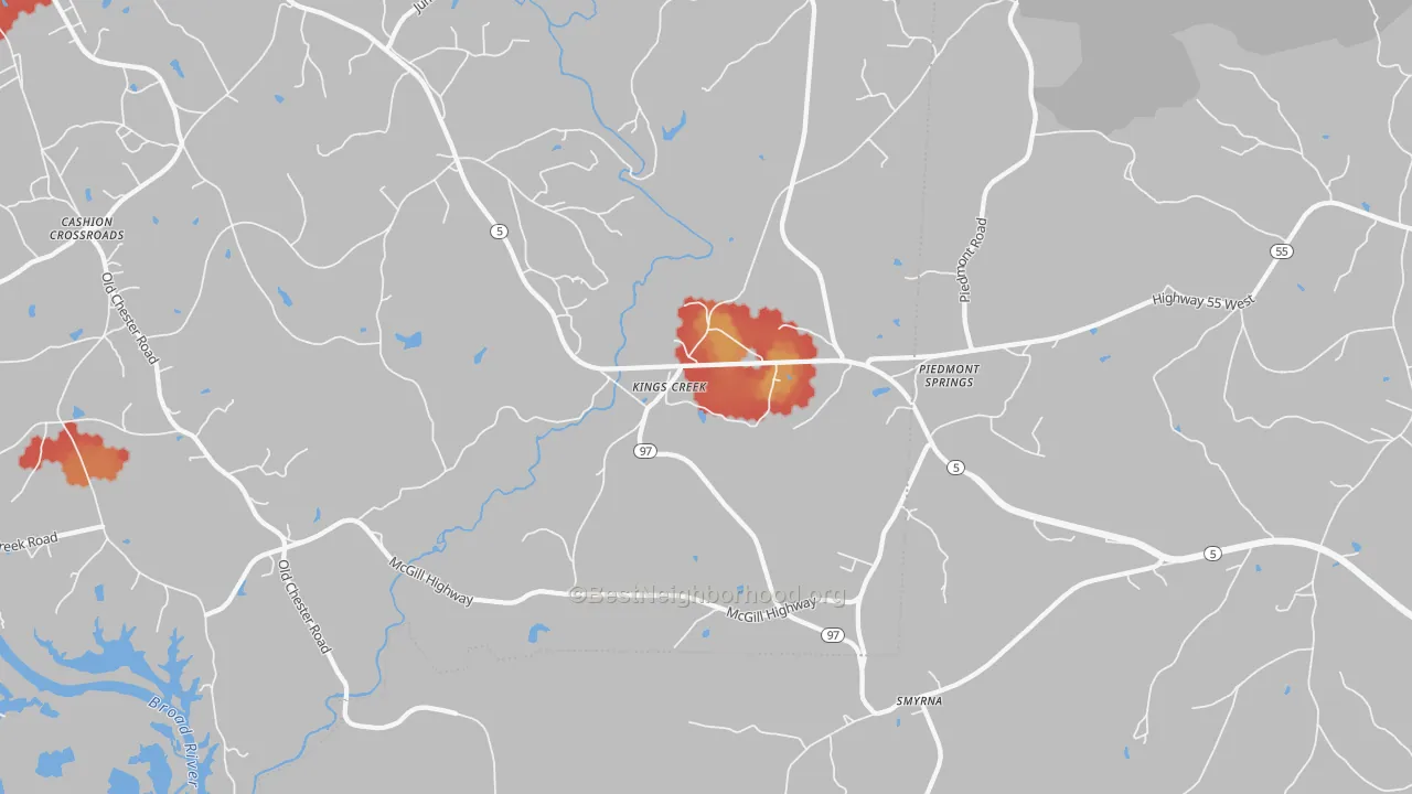 Walk Grade map of Kings Creek, SC, walkable areas in green and car-dependent areas in red