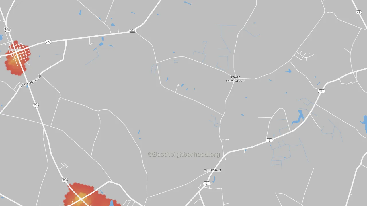 Walk Grade map of Kings Crossroads, NC, walkable areas in green and car-dependent areas in red