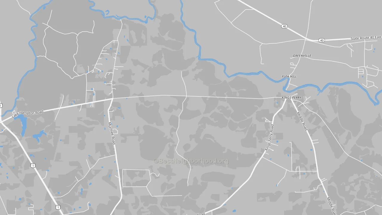 Walk Grade map of Kings Ferry, FL, walkable areas in green and car-dependent areas in red