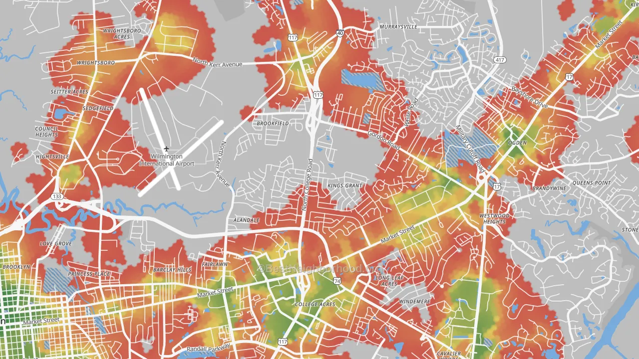 Walk Grade map of Kings Grant, NC, walkable areas in green and car-dependent areas in red