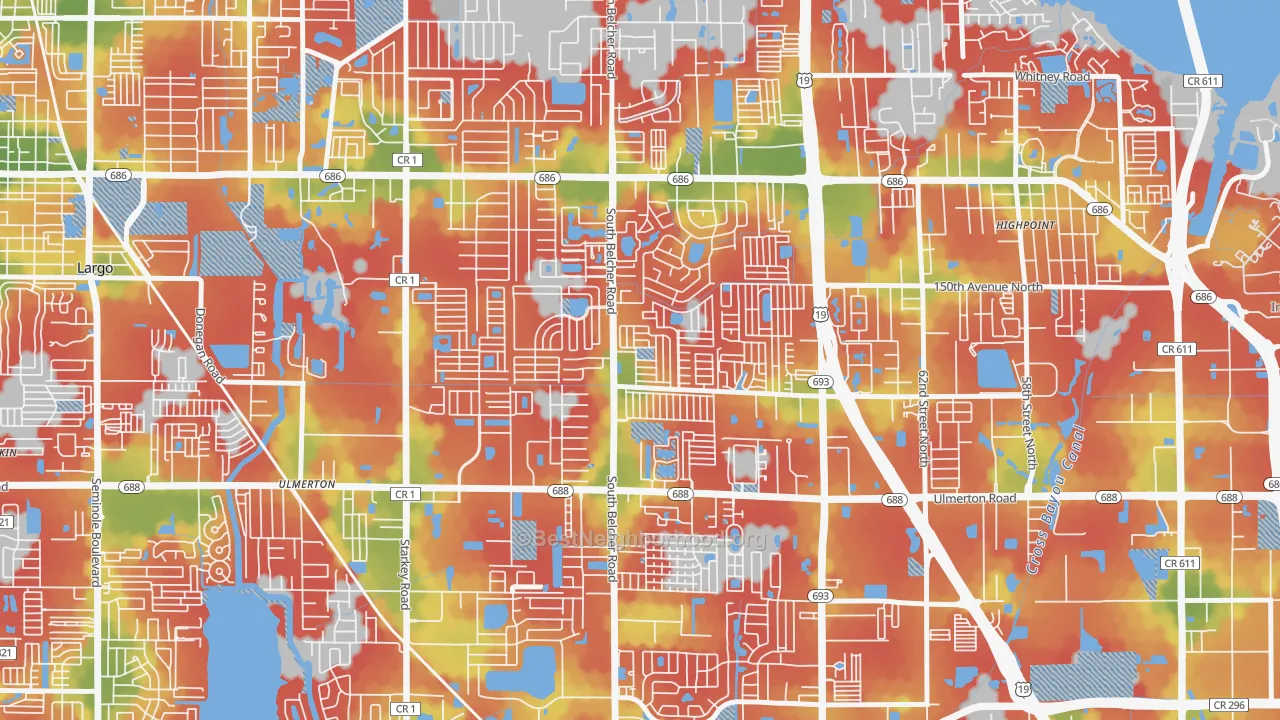 Walk Grade map of Kings Manor, Largo, FL, walkable areas in green and car-dependent areas in red