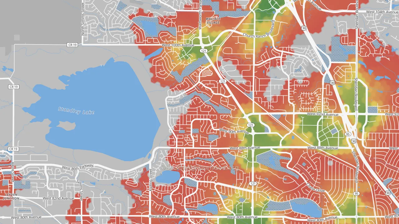 Walk Grade map of Kings Mill, Broomfield, CO, walkable areas in green and car-dependent areas in red