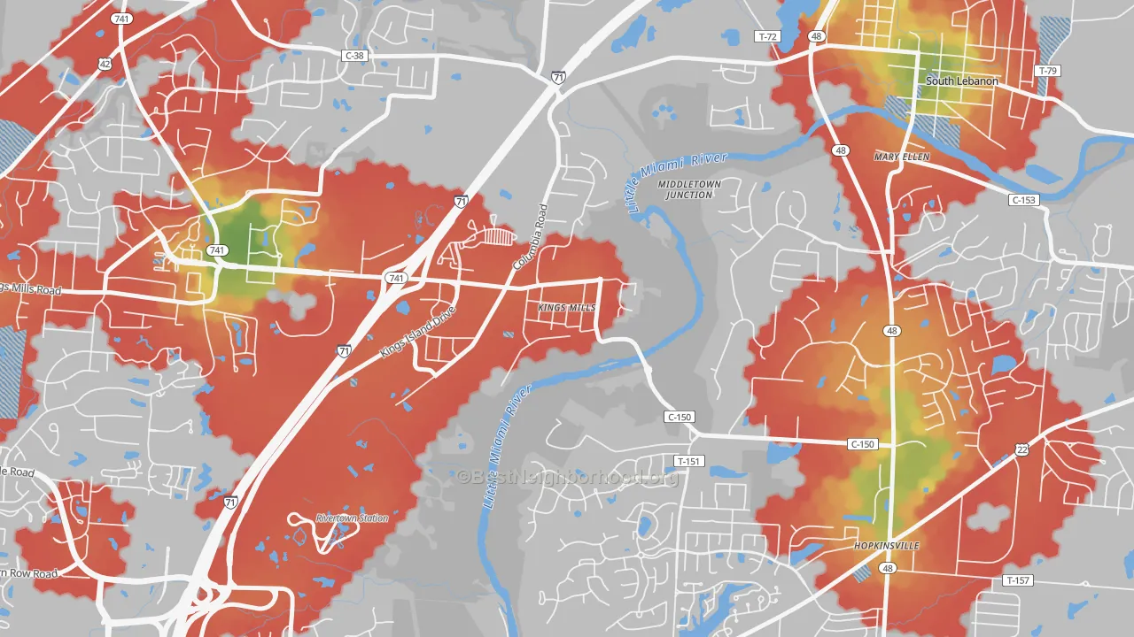 Walk Grade map of Kings Mills, OH, walkable areas in green and car-dependent areas in red