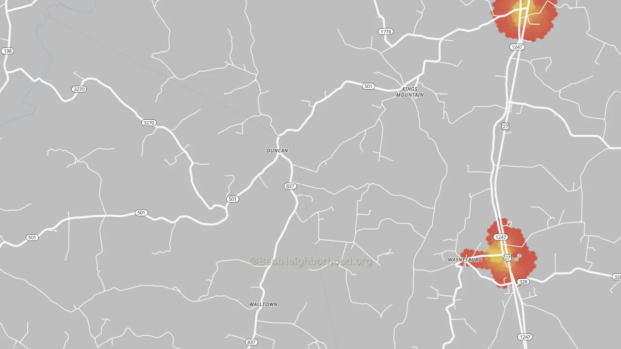 Walk Grade map of Kings Mountain, KY, walkable areas in green and car-dependent areas in red