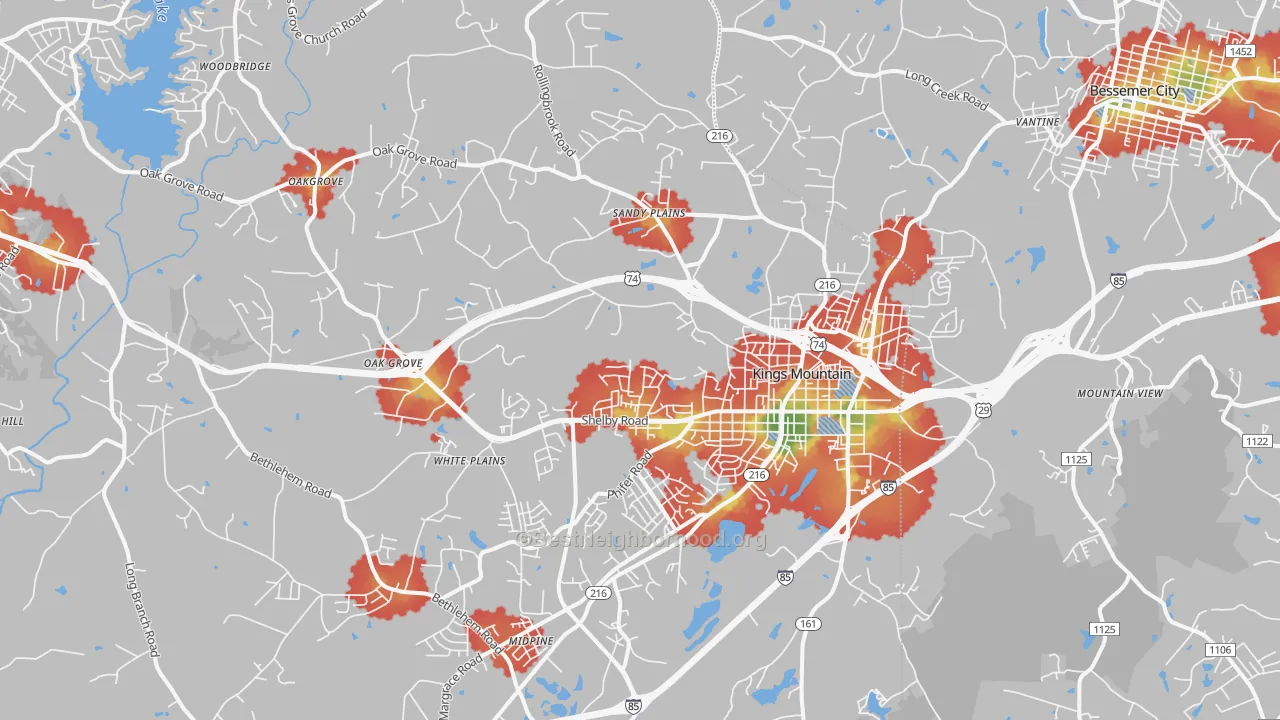 Walk Grade map of Kings Mountain, NC, walkable areas in green and car-dependent areas in red