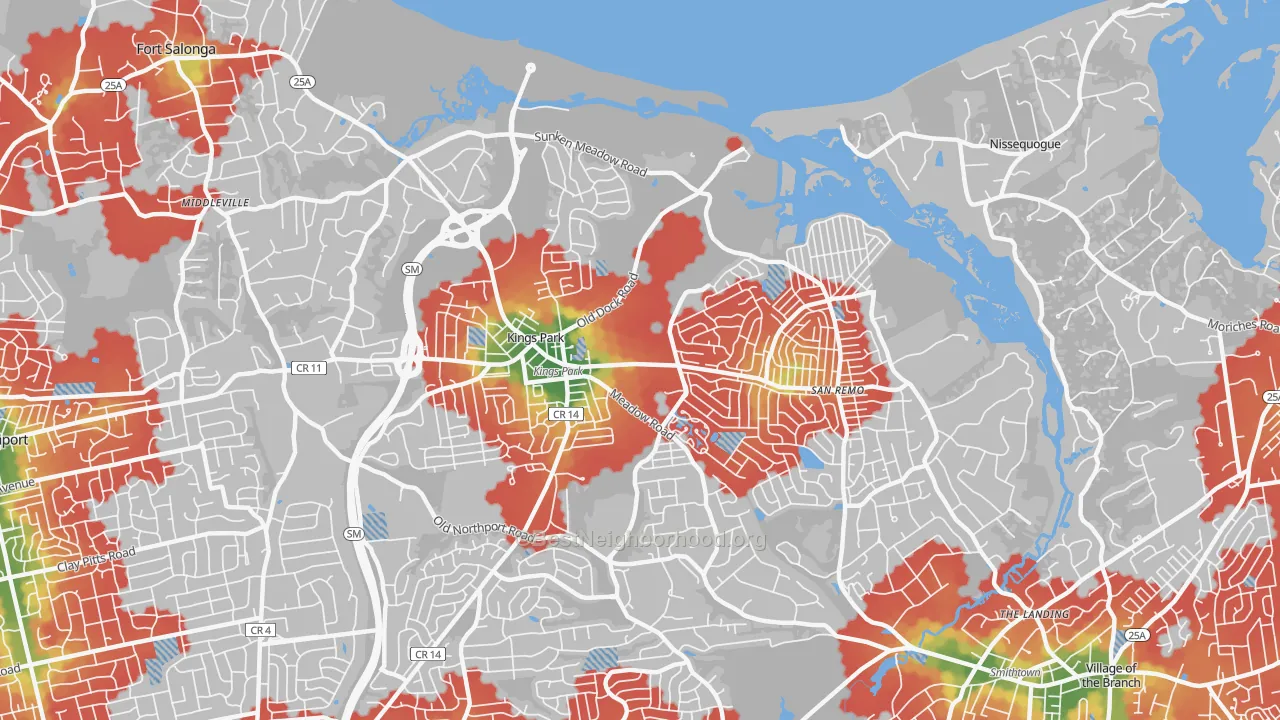 Walk Grade map of Kings Park, NY, walkable areas in green and car-dependent areas in red