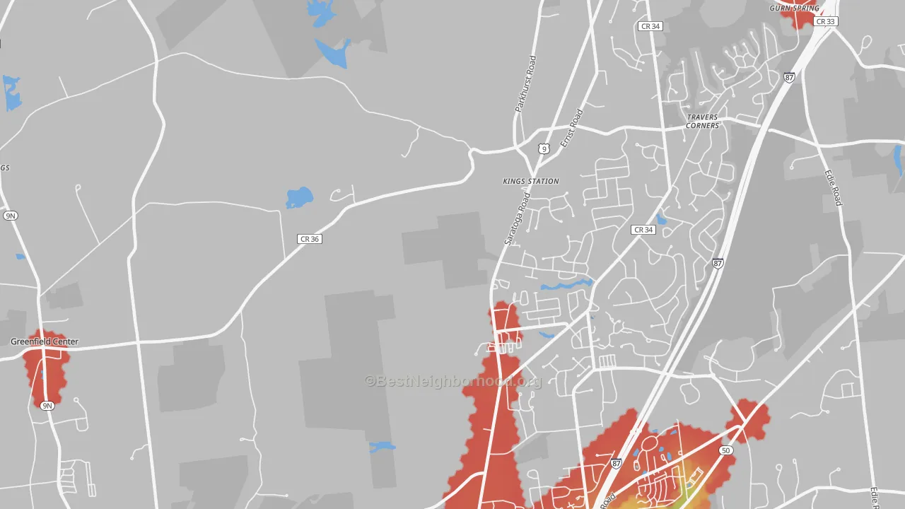 Walk Grade map of Kings Station, NY, walkable areas in green and car-dependent areas in red