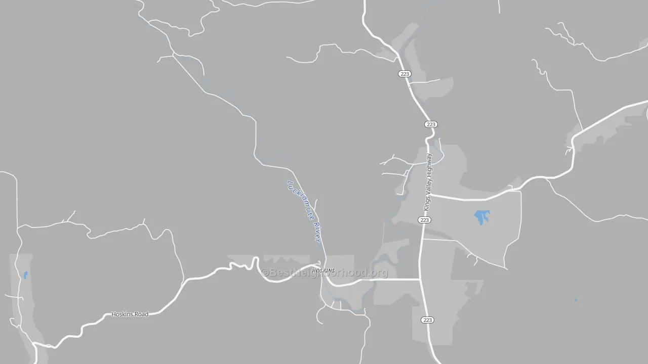 Walk Grade map of Kings Valley, OR, walkable areas in green and car-dependent areas in red