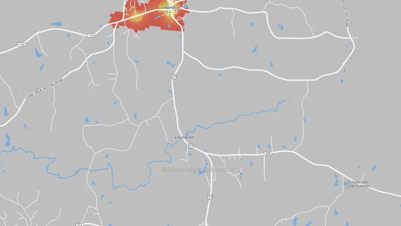 Walk Grade map of Kingsboro, GA, walkable areas in green and car-dependent areas in red