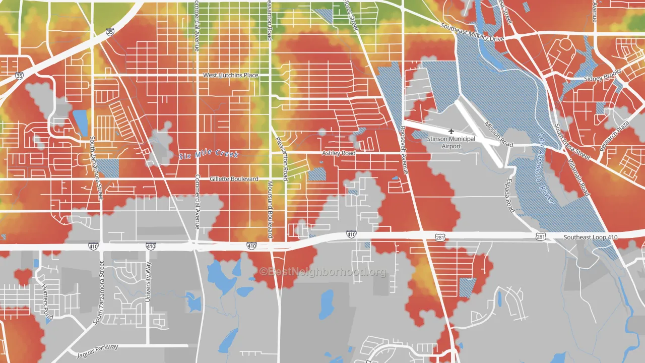 Walk Grade map of Kingsborough Ridge, San Antonio, TX, walkable areas in green and car-dependent areas in red