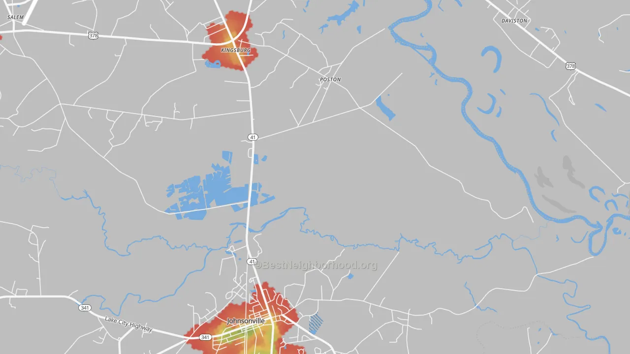 Walk Grade map of Kingsburg, SC, walkable areas in green and car-dependent areas in red