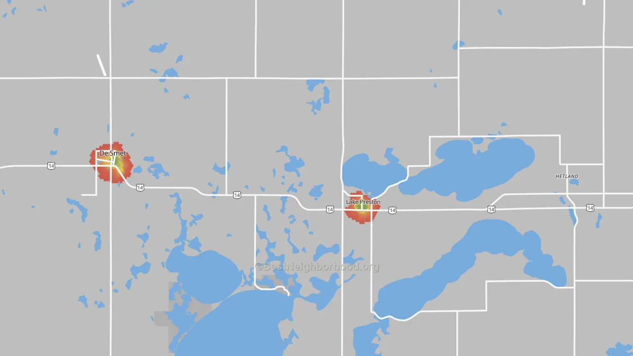 Walk Grade map of Kingsbury County, SD, walkable areas in green and car-dependent areas in red