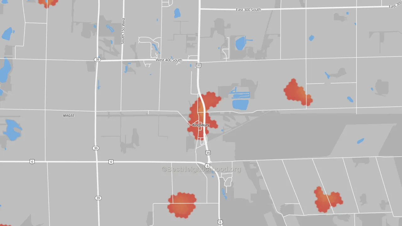 Walk Grade map of Kingsbury, IN, walkable areas in green and car-dependent areas in red
