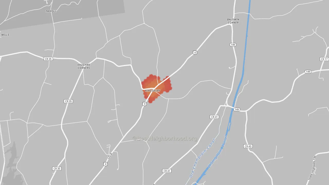 Walk Grade map of Kingsbury, NY, walkable areas in green and car-dependent areas in red