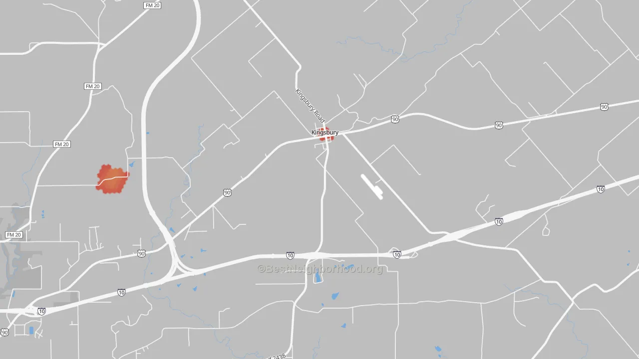 Walk Grade map of Kingsbury, TX, walkable areas in green and car-dependent areas in red