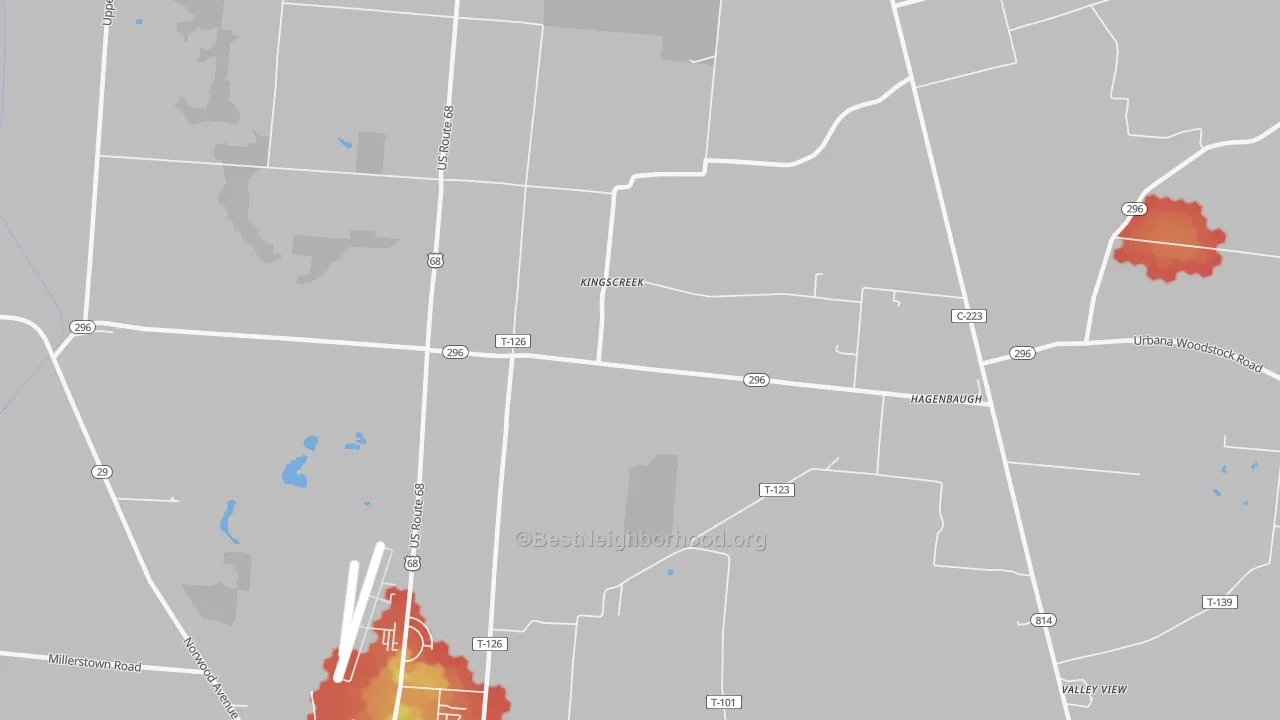 Walk Grade map of Kingscreek, OH, walkable areas in green and car-dependent areas in red