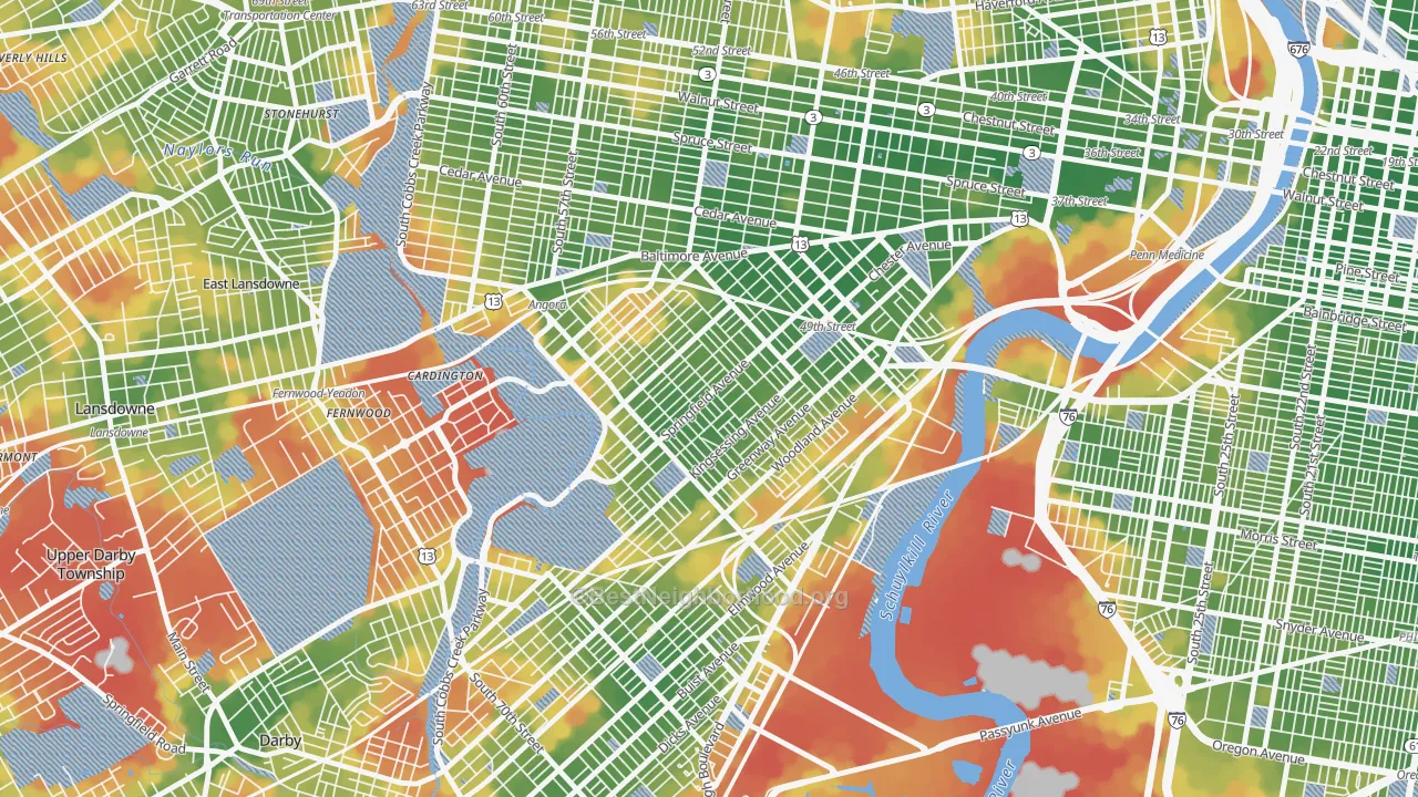 Walk Grade map of Kingsessing, Philadelphia, PA, walkable areas in green and car-dependent areas in red