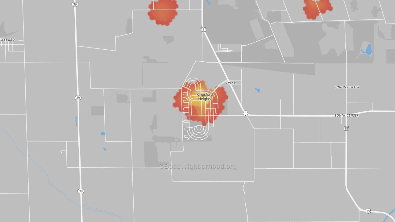 Walk Grade map of Kingsford Heights, IN, walkable areas in green and car-dependent areas in red
