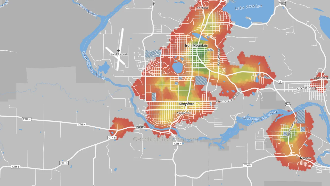 Walk Grade map of Kingsford, MI, walkable areas in green and car-dependent areas in red