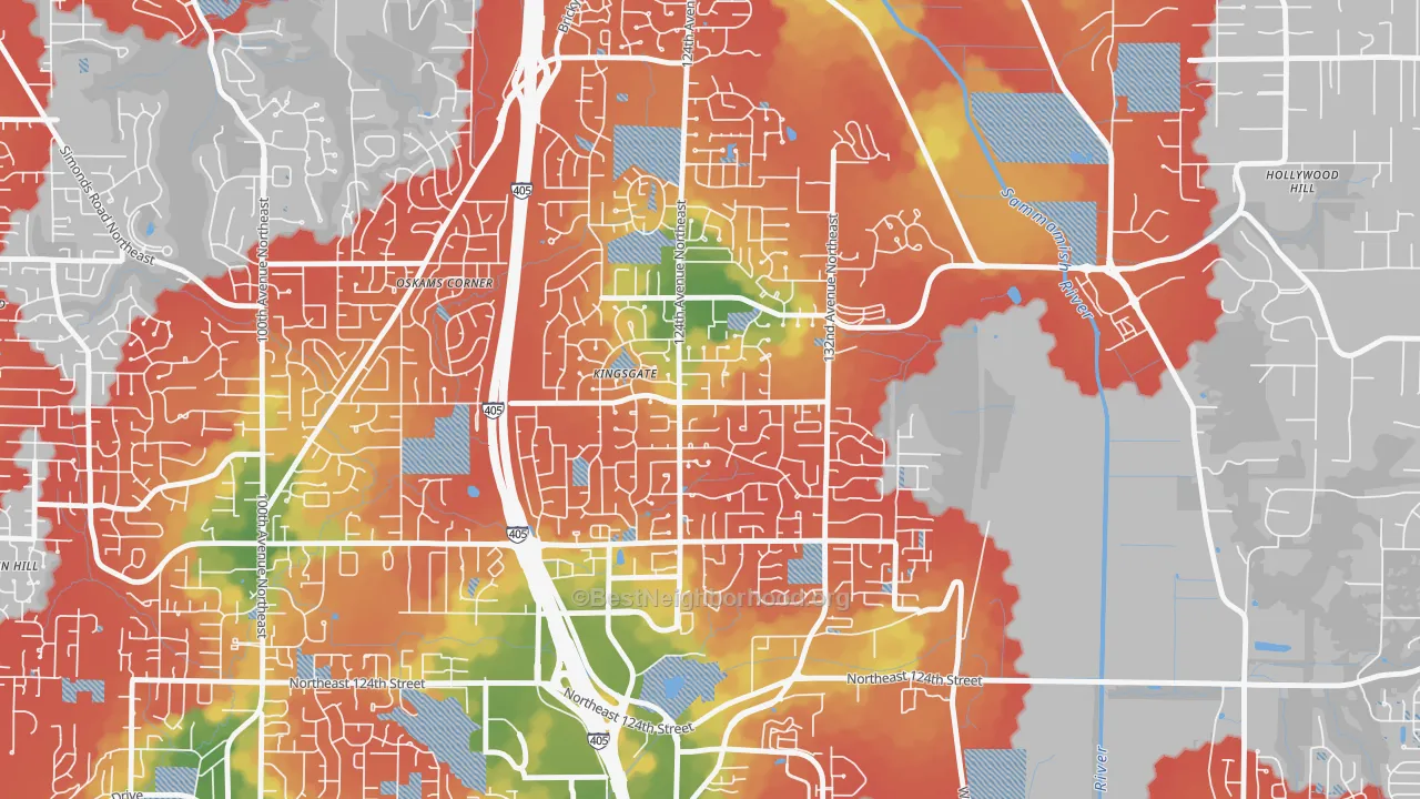 Walk Grade map of Kingsgate, WA, walkable areas in green and car-dependent areas in red