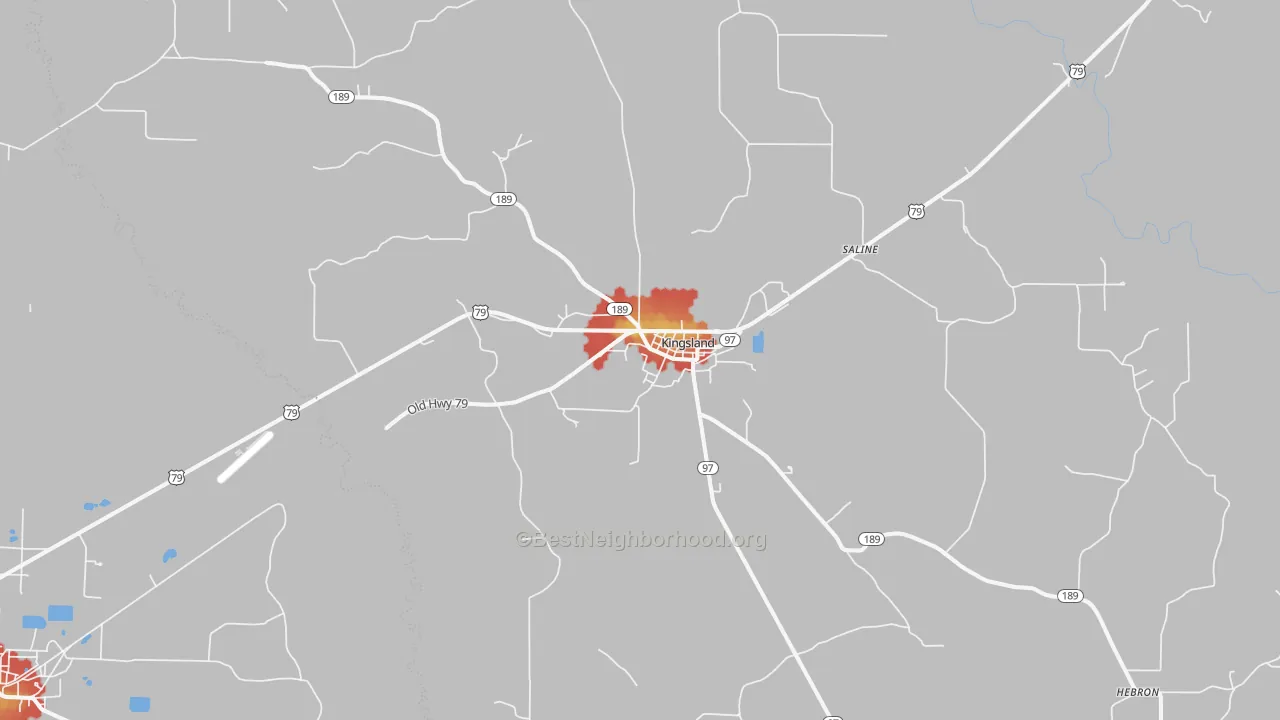 Walk Grade map of Kingsland, AR, walkable areas in green and car-dependent areas in red