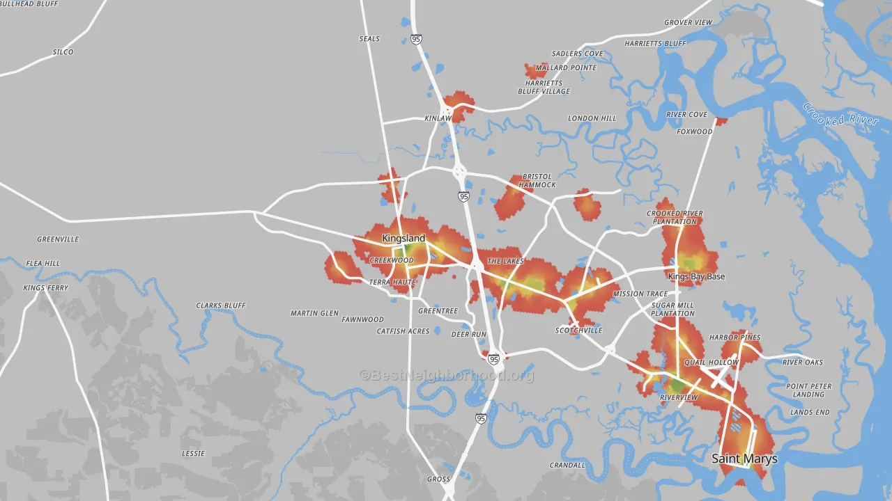 Walk Grade map of Kingsland, GA, walkable areas in green and car-dependent areas in red