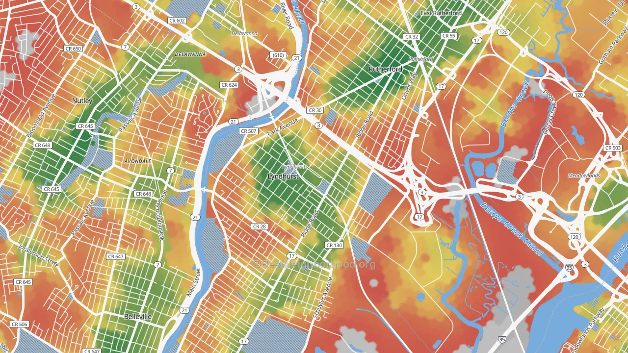 Walk Grade map of Kingsland, Lyndhurst, NJ, walkable areas in green and car-dependent areas in red