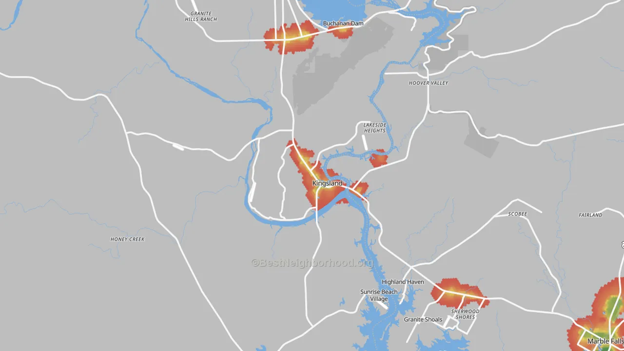 Walk Grade map of Kingsland, TX, walkable areas in green and car-dependent areas in red