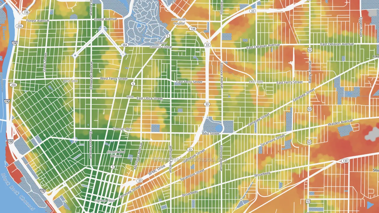 Walk Grade map of Kingsley, Buffalo, NY, walkable areas in green and car-dependent areas in red