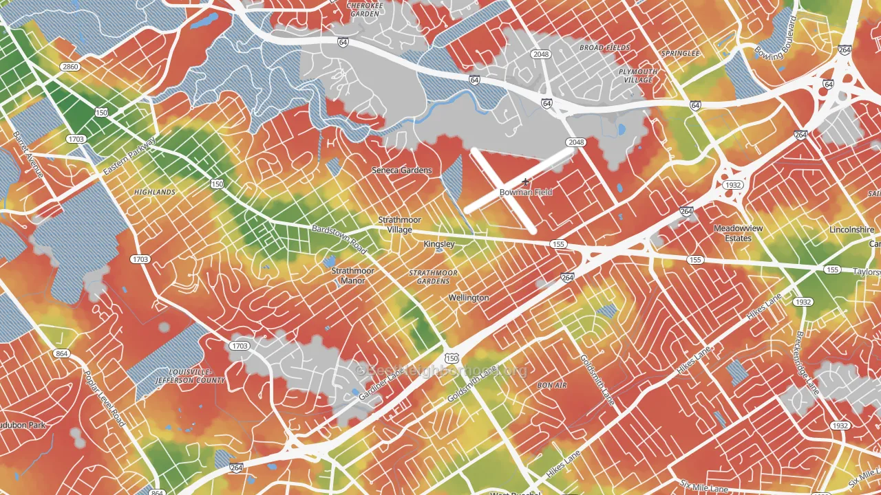 Walk Grade map of Kingsley, KY, walkable areas in green and car-dependent areas in red