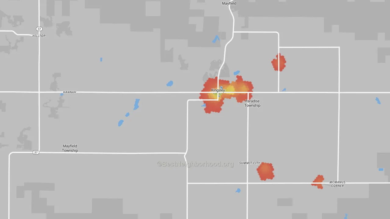 Walk Grade map of Kingsley, MI, walkable areas in green and car-dependent areas in red