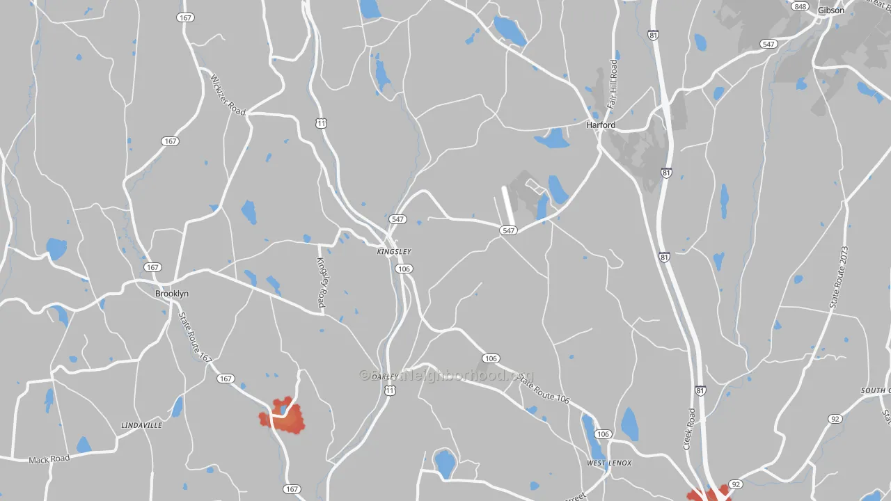 Walk Grade map of Kingsley, PA, walkable areas in green and car-dependent areas in red