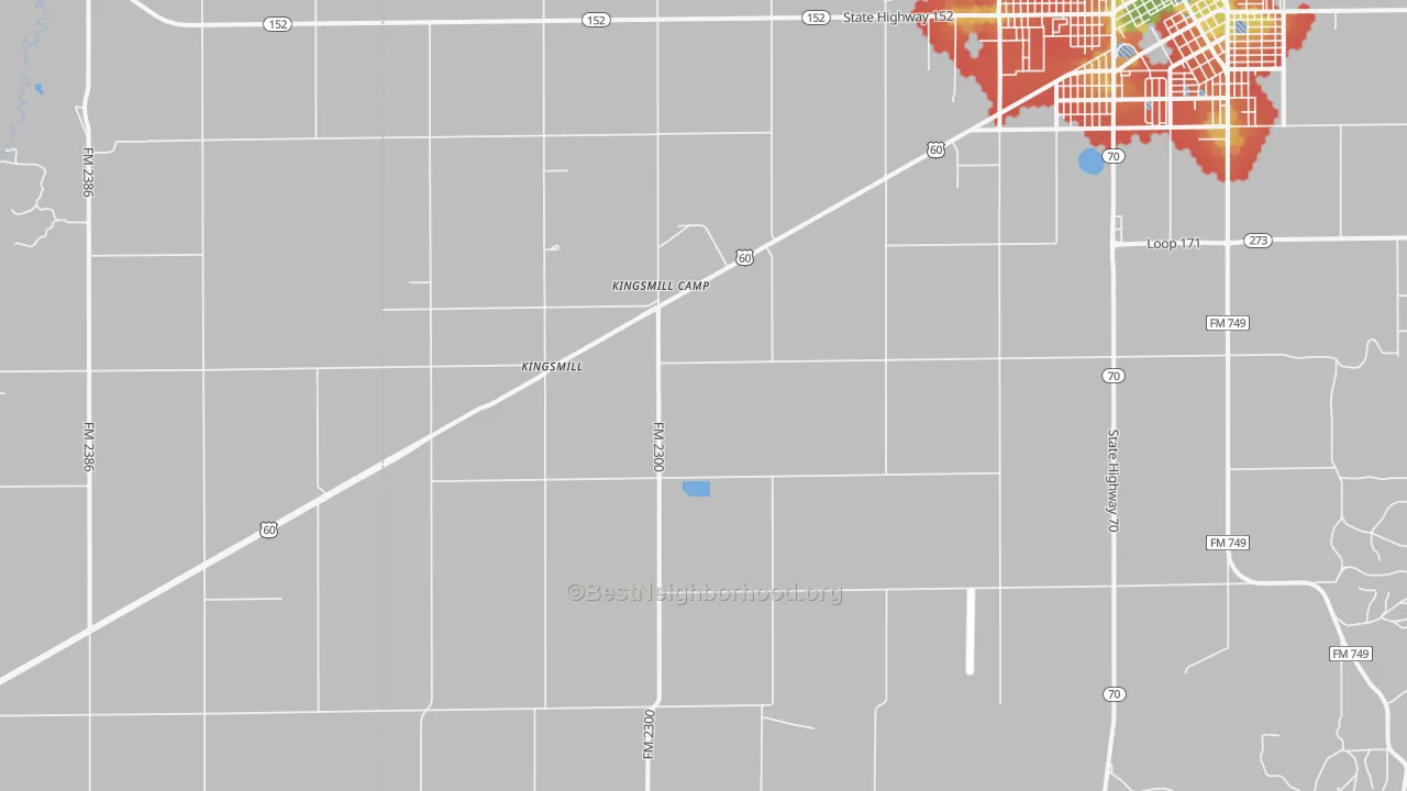 Walk Grade map of Kingsmill, TX, walkable areas in green and car-dependent areas in red