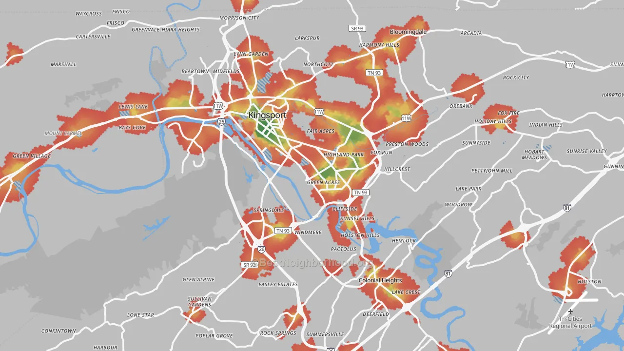 Walk Grade map of Kingsport, TN, walkable areas in green and car-dependent areas in red