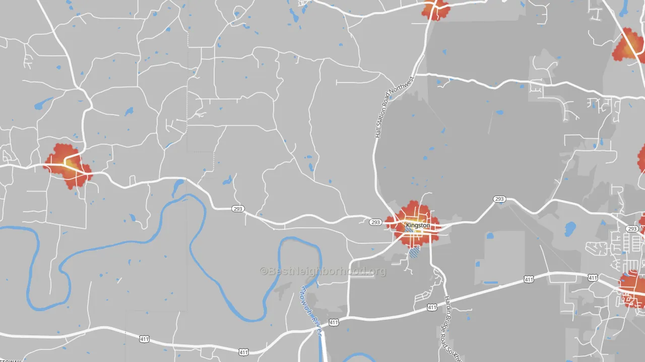 Walk Grade map of Kingston, GA, walkable areas in green and car-dependent areas in red