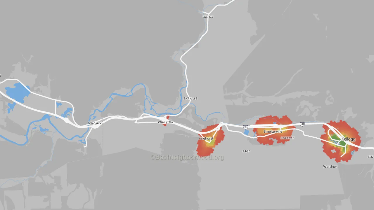 Walk Grade map of Kingston, ID, walkable areas in green and car-dependent areas in red