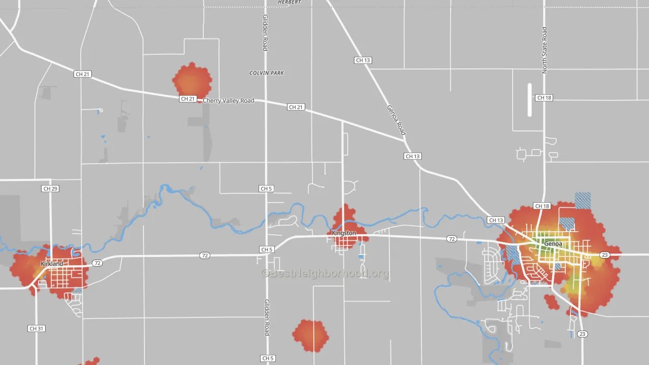 Walk Grade map of Kingston, IL, walkable areas in green and car-dependent areas in red