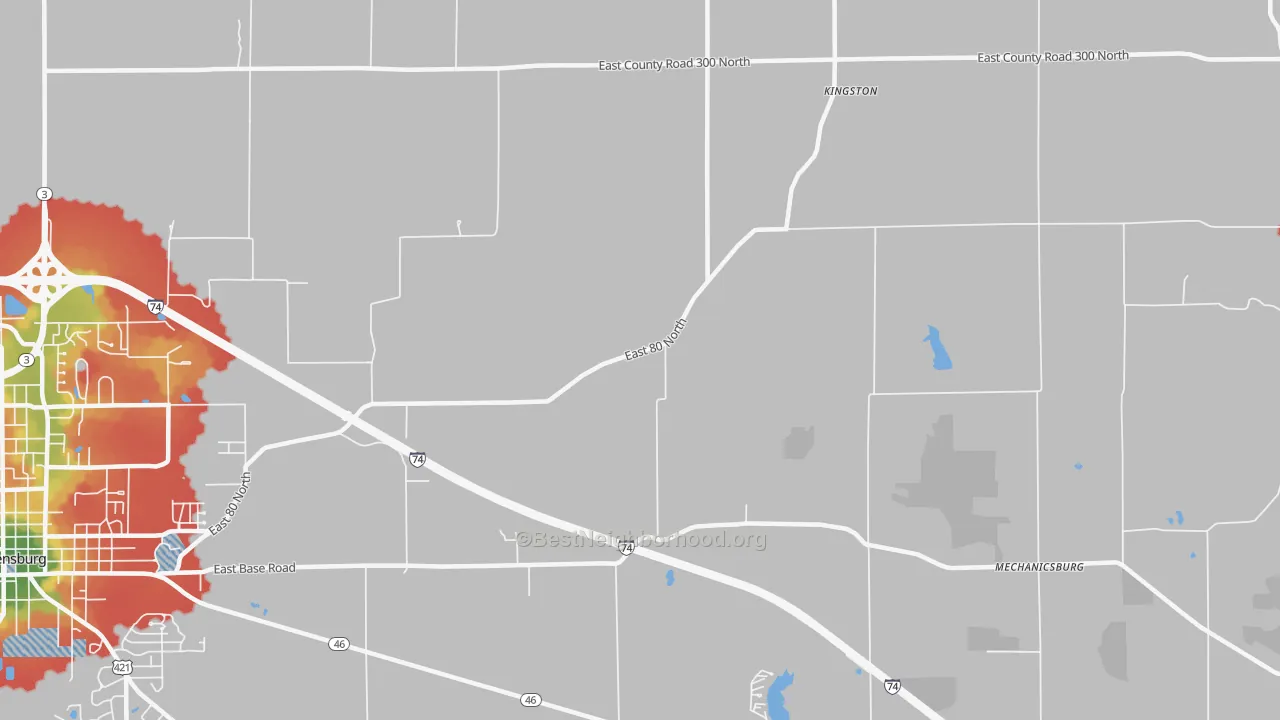 Walk Grade map of Kingston, IN, walkable areas in green and car-dependent areas in red