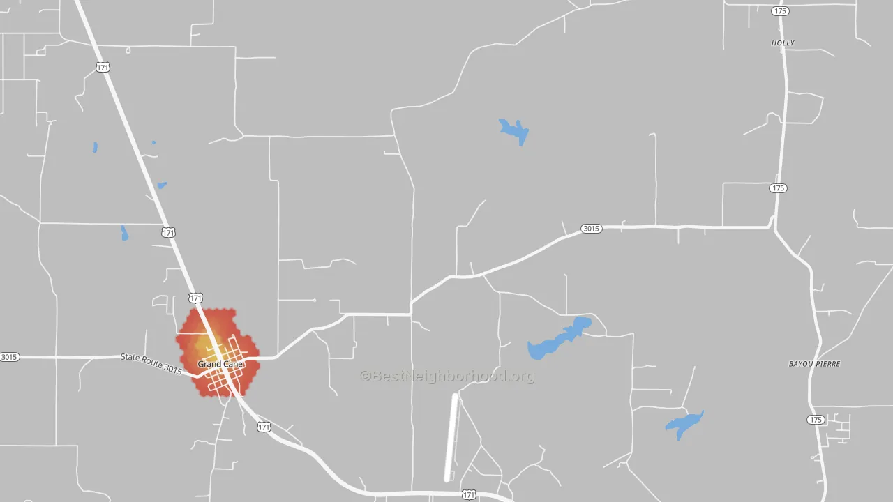 Walk Grade map of Kingston, LA, walkable areas in green and car-dependent areas in red