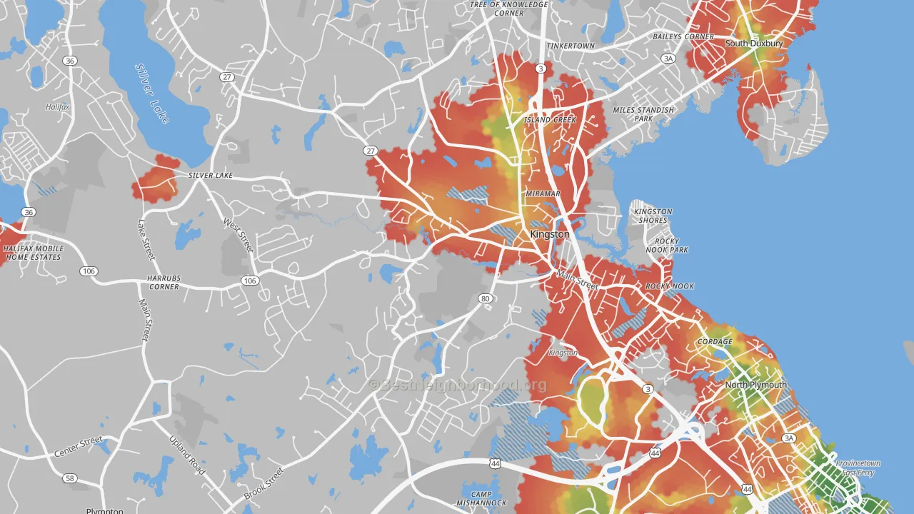 Walk Grade map of Kingston, MA, walkable areas in green and car-dependent areas in red